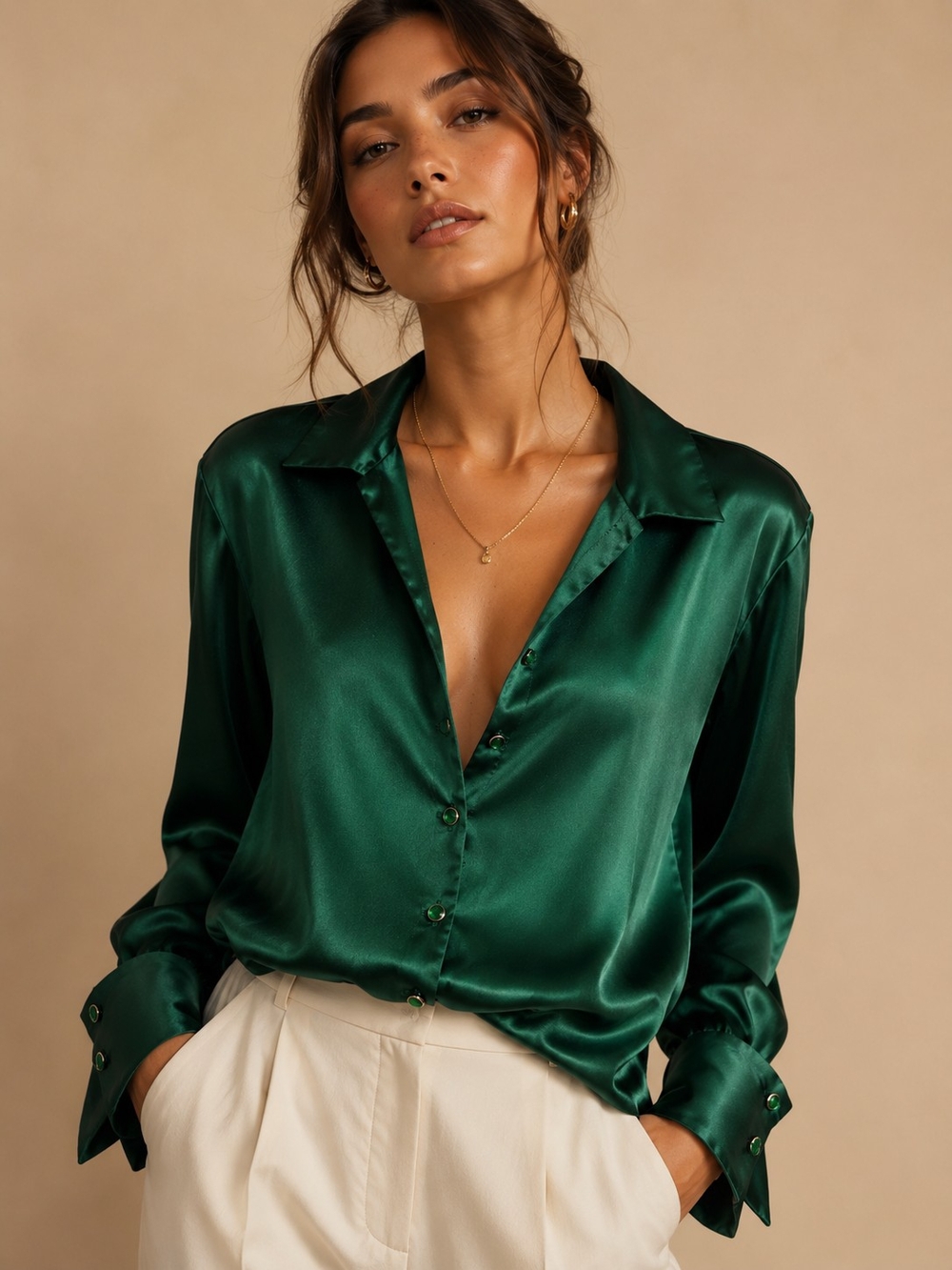 SAG HARBOR Petite Emerald Green Satin Button Front Blouse Women's Size 12P Chic